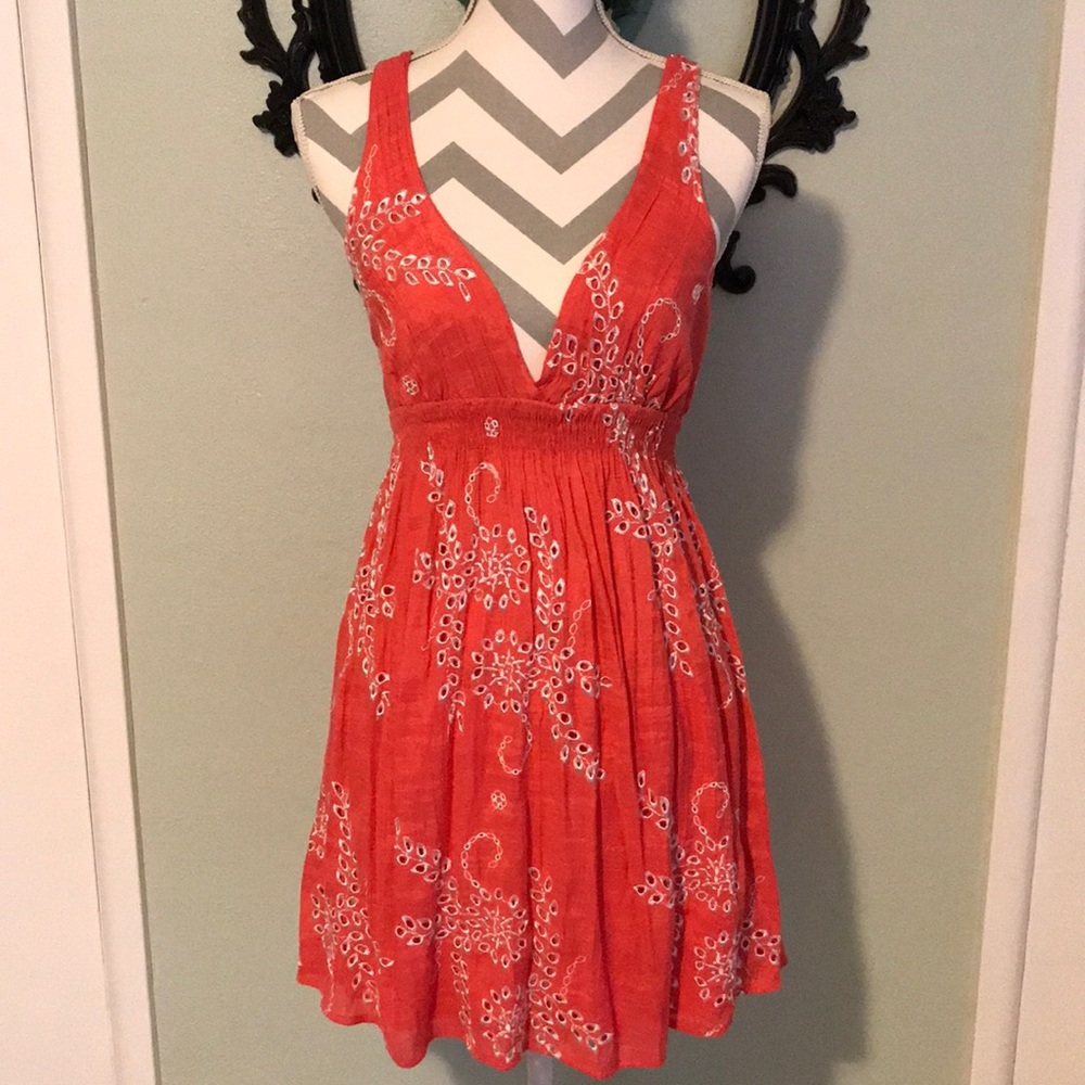 Spring coral embroidered dress
